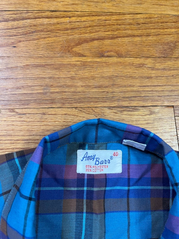 Large 70s 40s Style Blouse Plaid Blue Top Puff Sl… - image 3