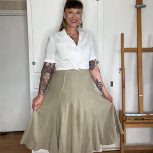 1970s Ecru Cotton Skirt, Khaki Midi with Pockets, L XL
