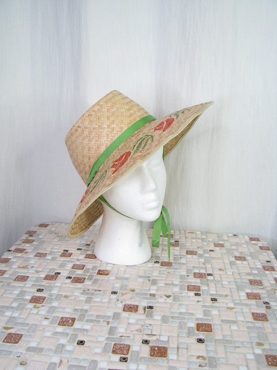 1940s Hat | Straw Wide Brim Sun Hat | 40s Vintage