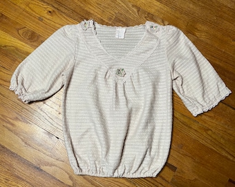 Vintage 80s Puff Sleeve Blouse, Ribbed Top, V Neck, Size Medium