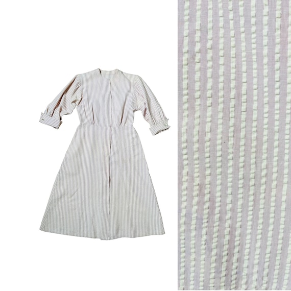 Seersucker 1930s Day Dress, 30s Shirt Dress with … - image 1