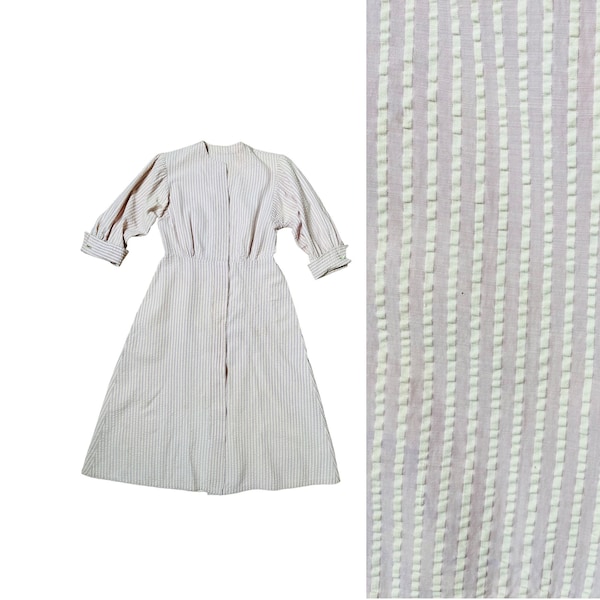 Seersucker 1930s Day Dress, 30s Shirt Dress with Button Front, Striped Cotton Dress with French Cuffs, Medium