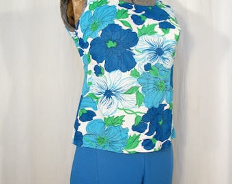 1960s Vintage Bathing Suit, Hawaiian 60s Two Piece Swimsuit Blue, Tank and Briefs, Medium