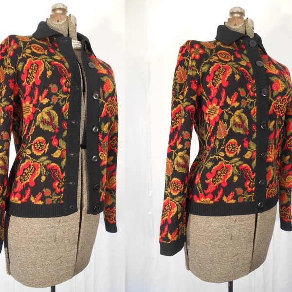 Vintage 1950s Sweater - Red Black Floral 50s Cardigan Large