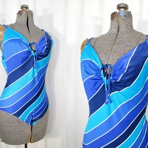 1970s Swimsuit, Vintage High Cut Bathing Suit, 70s One Piece Blue Stripes