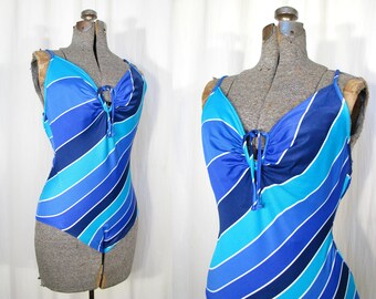 1970s Swimsuit, Vintage High Cut Bathing Suit, 70s One Piece Blue Stripes