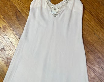 Vintage 60s Peach Satin Maxi Nightgown, Lace V Neck