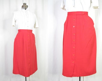 Vintage 1970s Skirt Small Button Front Skirt 40s Style Skirt with Pockets, Red High Waist Midi