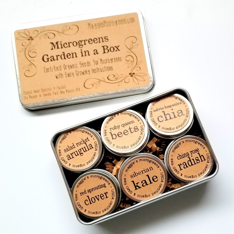 DIY Microgreens Maggie's 6 Seed Type Kit Indoor Garden Organic Vegan Gourmet Microgreens Seeds in Reusable Tin Gift Box Tin Box - SOLID Lid