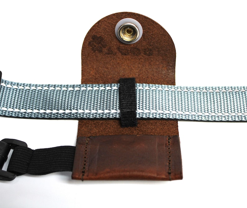 Pet tag silencer custom leather pouch for dog collars and Martindale collars. This is a hand dyed and hand stamped product, handcrafted with 3oz. vegetable-tanned leather.