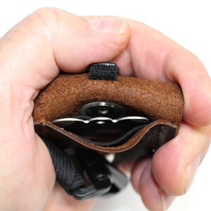 Pet tag silencer custom leather pouch for dog collars and Martindale collars. This is a hand dyed and hand stamped product, handcrafted with 3oz. vegetable-tanned leather.