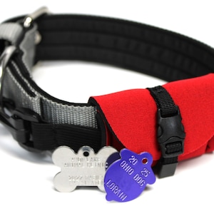 Dog tag silencer neoprene dog collar pouch stays super secure with side release adjustable buckle closure, interior elastic pouch, Velcro collar strap and heavy snap clip with elastic strap connects it securely to collar D-ring.