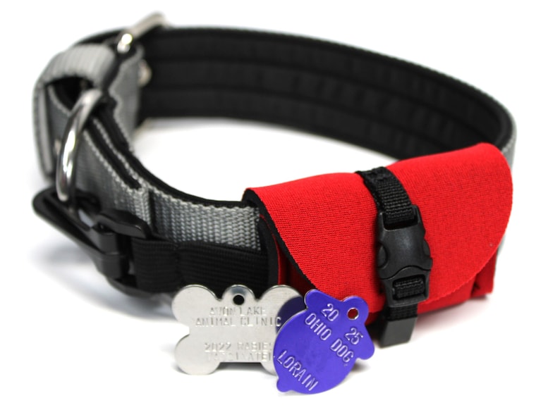 Dog tag silencer neoprene dog collar pouch stays super secure with side release adjustable buckle closure, interior elastic pouch, Velcro collar strap and heavy snap clip with elastic strap connects it securely to collar D-ring.