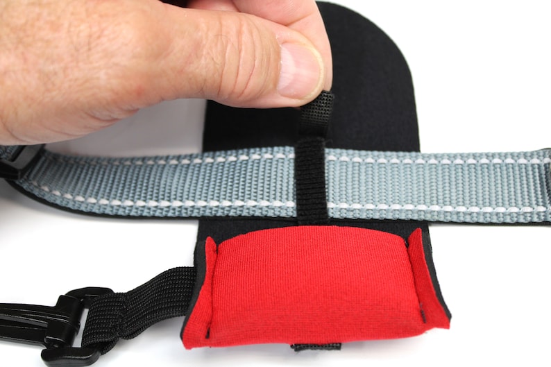 Dog tag silencer neoprene dog collar pouch stays super secure with side release adjustable buckle closure, interior elastic pouch, Velcro collar strap and heavy snap clip with elastic strap connects it securely to collar D-ring.