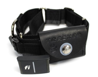 Fi 3 Series Tracker Pouch Custom Stamped / Black Leather Dog Collar Pouch / Dog Tracker Pouch