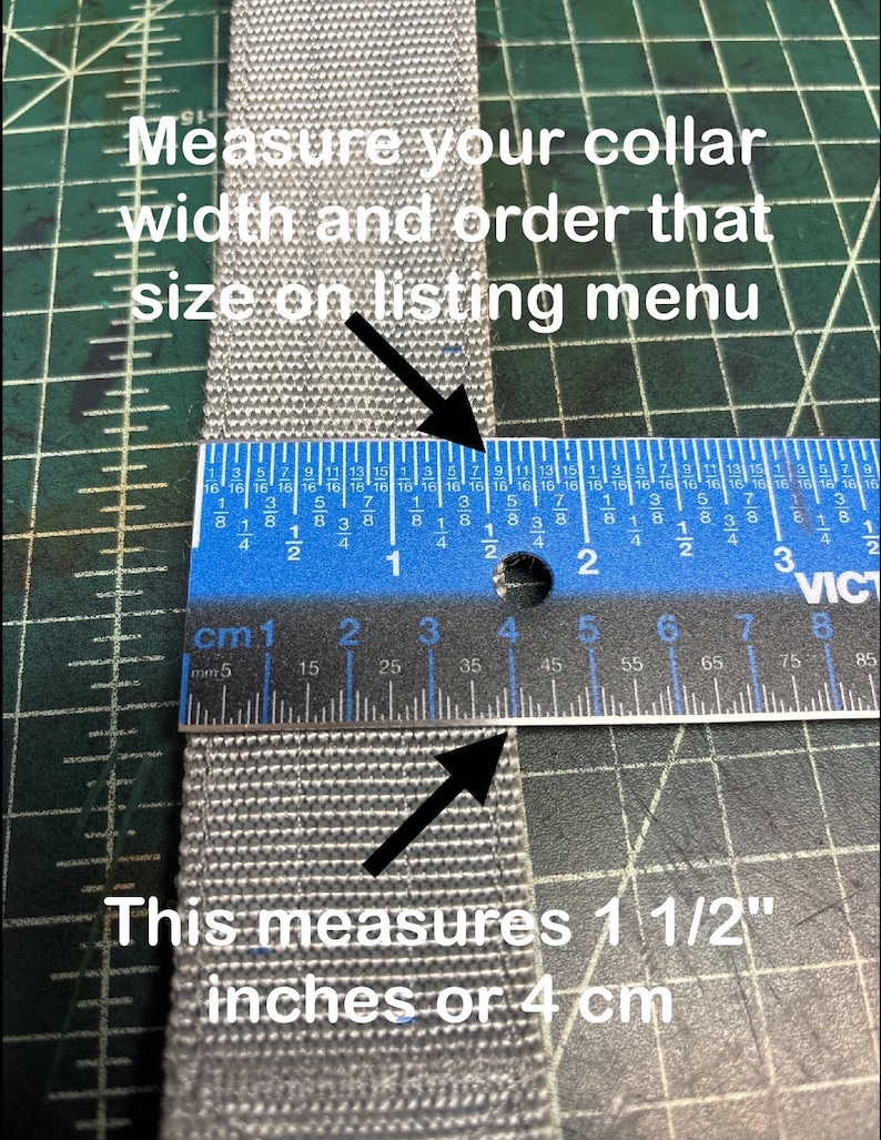 May include: A close-up of a gray fabric strap being measured with a ruler. The ruler shows the strap is 1 1/2 inches or 4 centimeters wide. The text "Measure your collar width and order that size on listing menu" is visible above the strap.