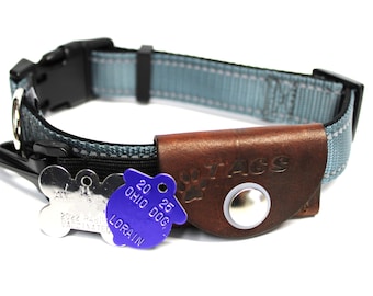 Dog Tag Collar Pouch Custom Stamped / Dark Brown Leather Pet Tag Silencer