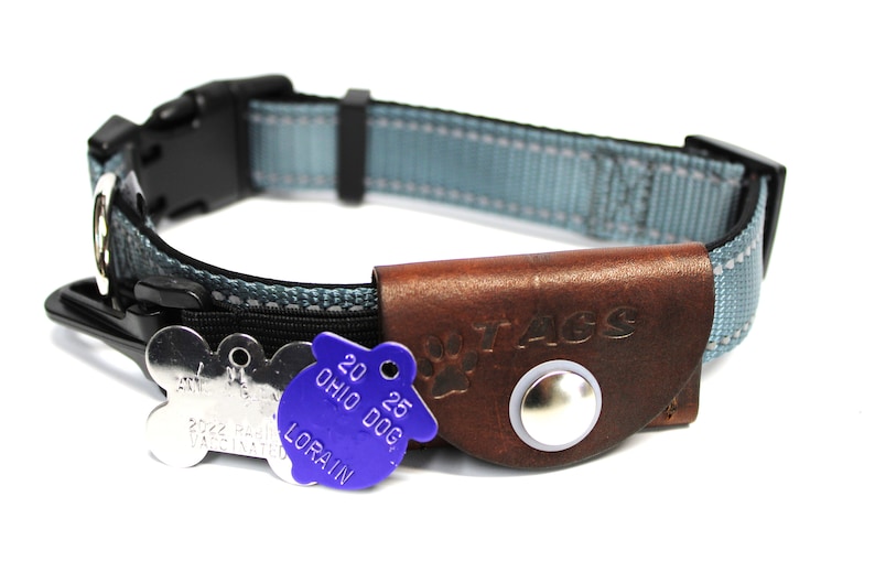 Pet tag silencer custom leather pouch for dog collars and Martindale collars. This is a hand dyed and hand stamped product, handcrafted with 3oz. vegetable-tanned leather.