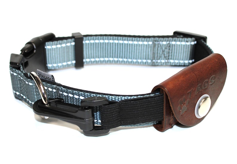 Pet tag silencer custom leather pouch for dog collars and Martindale collars. This is a hand dyed and hand stamped product, handcrafted with 3oz. vegetable-tanned leather.