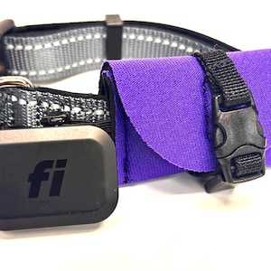 May include: A dog collar featuring a black Fi tracker and a purple pouch. The collar is grey with reflective stitching. The tracker has the Fi logo. The pouch has a black buckle.