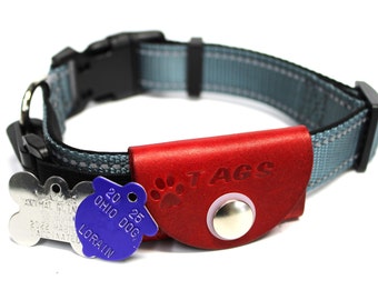 Dog Tag Collar Pouch Custom Stamped / Red Leather Pet Tag Silencer