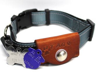 Dog Tag Collar Pouch Custom Stamped / Brown Leather Pet Tag Silencer