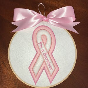 Breast Cancer Awareness Pink Ribbon I Am A Survivor Hoop Art Wall Hanging Decor Plaque Sign