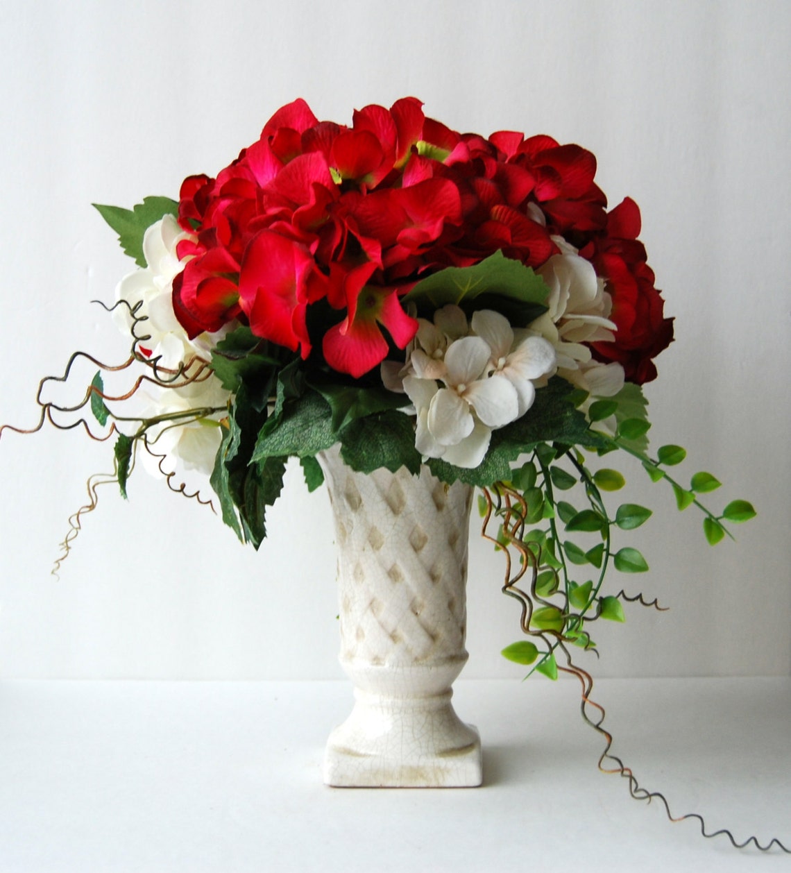 Silk Floral Arrangementred and White Hydrangeas Artificial Etsy