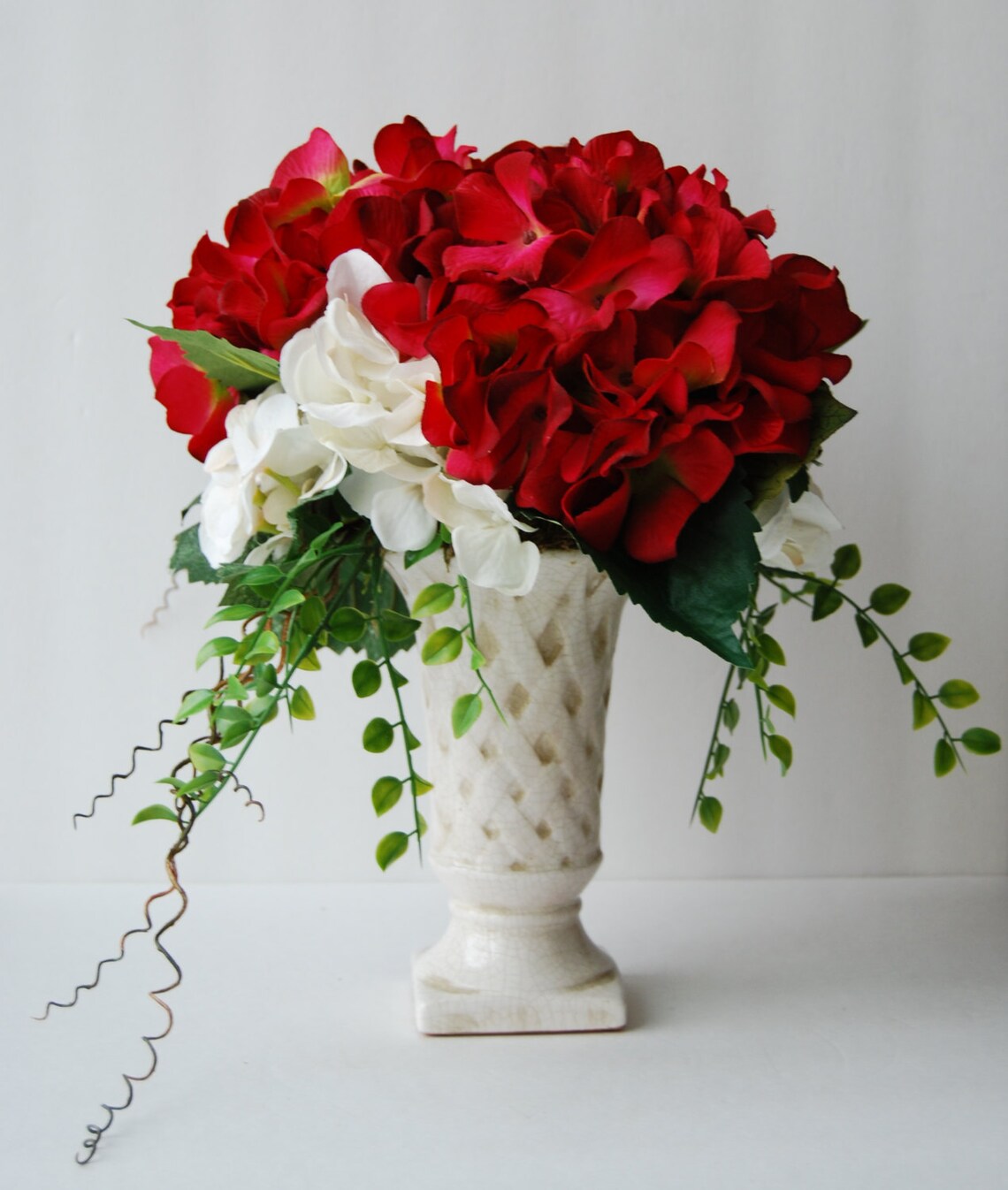 Silk Floral Arrangementred and White Hydrangeas Artificial Etsy