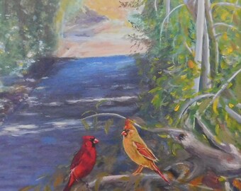 Cardinals print, birds couple painting, 8x10" giclee, garden art, birds on a tree, wall art, landscape art,