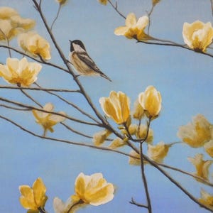 Chickadee and yellow magnolia art print, 8x10&quot; giclee print, wall decor, botanical art, bird art, blue and yellow decor.