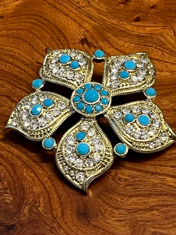 Vintage Faux Turquoise and Rhinestone Gold-tone Br