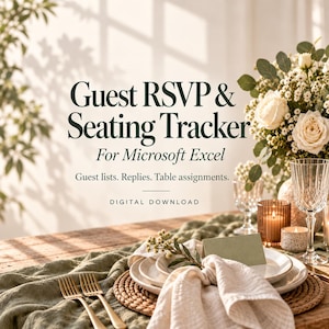 Könnte beinhalten: Ein digitaler Download für einen Guest RSVP & Seating Tracker für Microsoft Excel. Der Text lautet: Guest RSVP & Seating Tracker For Microsoft Excel. Guest lists. Replies. Table assignments. DIGITAL DOWNLOAD. Im Hintergrund ein gedeckter Tisch.