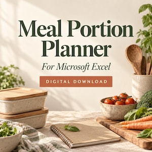 Puede incluir: Un planificador digital de porciones de comida para Microsoft Excel con texto verde oscuro sobre un fondo claro. La imagen muestra dos recipientes de cerámica moteada con tapas de madera, un tazón de tomates cherry, zanahorias y un cuaderno de espiral.
