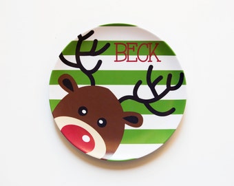 personalized Melamine Plate - custom melamine dish christmas boy reindeer holiday