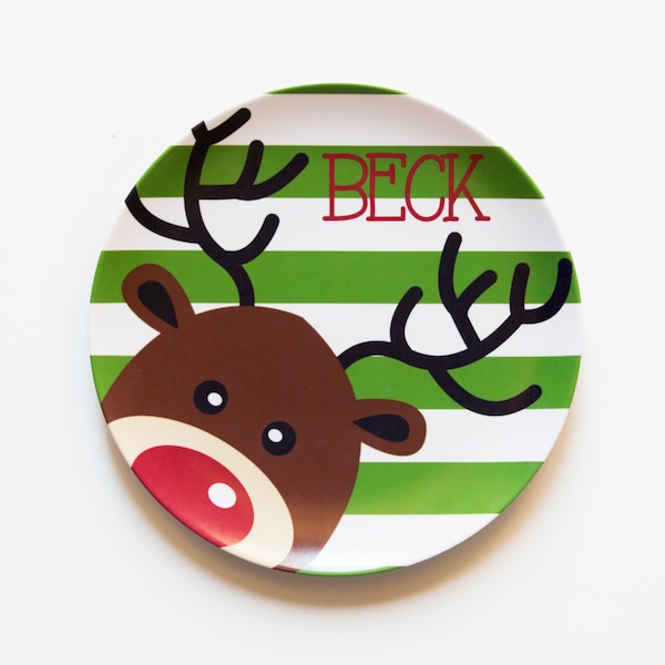 personalized Melamine Plate - custom melamine dish christmas boy reindeer holiday