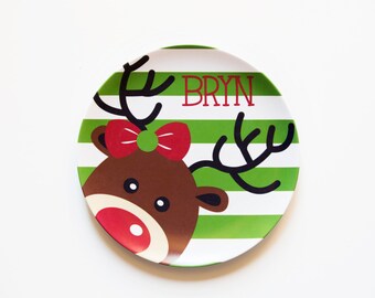 personalized Melamine Plate - custom melamine dish christmas reindeer girl holiday