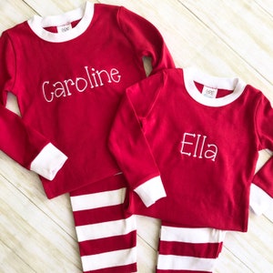 Personalized Embroidered Kids Christmas Pajamas - red and green pajamas, family Christmas pajamas, kids holiday pajamas, baby pajamas