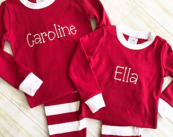 Personalized Embroidered Kids Christmas Pajamas - red and green pajamas, family Christmas pajamas, kids holiday pajamas, baby pajamas