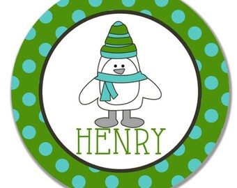 personalized Melamine Plate - custom melamine dish penguin winter christmas