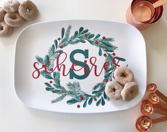 Personalized Melamine Platter - Christmas tray, Cookies for Santa, modern Christmas tree holly berry wreath