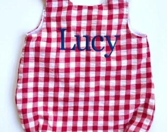 Personalized Unisex Gingham Embroidered Bubble, Infant Bubble, Personalized Romper