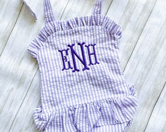 Personalized One Piece Seersucker Swimsuit, Monogrammed