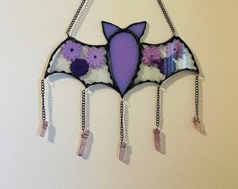 Purple Stained Glass Floral Bat with Crystals | Stained Glass | Glass Bats | Pressed Flower Glass | Purple Bats | Purple Crystals | Kumbyart