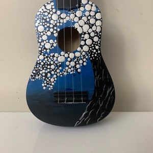 Ukulele, Musical Instrument, Handmade Ukulele, Hawaii, Pattern, Colorful, Blue, Glitter, Hand Painted, Ukelandia, Soprano, Kumbyart, OOAK