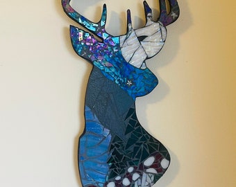 Handmade Mosaic Glass Deer with Forest Scene - Blue Waterfall, Gray Mountains, Green Forest, Red Mushrooms, and Iridescent Night Sky