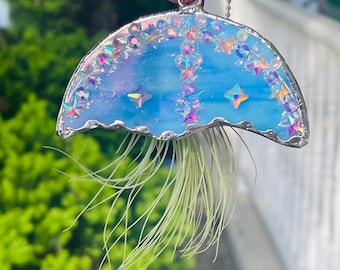 Stained Glass Jellyfish Air Plant and Holder Suncatcher