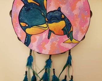 Boho Decor, Tambourine, Percussion Art Piece, Hand Painted Dream Catcher, galaxy, Orca Painting, Dream Catcher, Ocean Painted Instrument