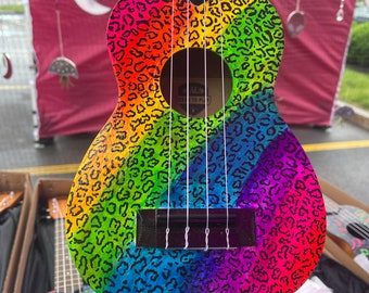 Hand Painted Soprano Kala Ukulele with 90s Rainbow and Cheetah Print