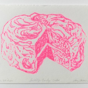 Handprinted Lino Cut Relief Print Swirly Curly Cake in Fluorescent Hot Pink